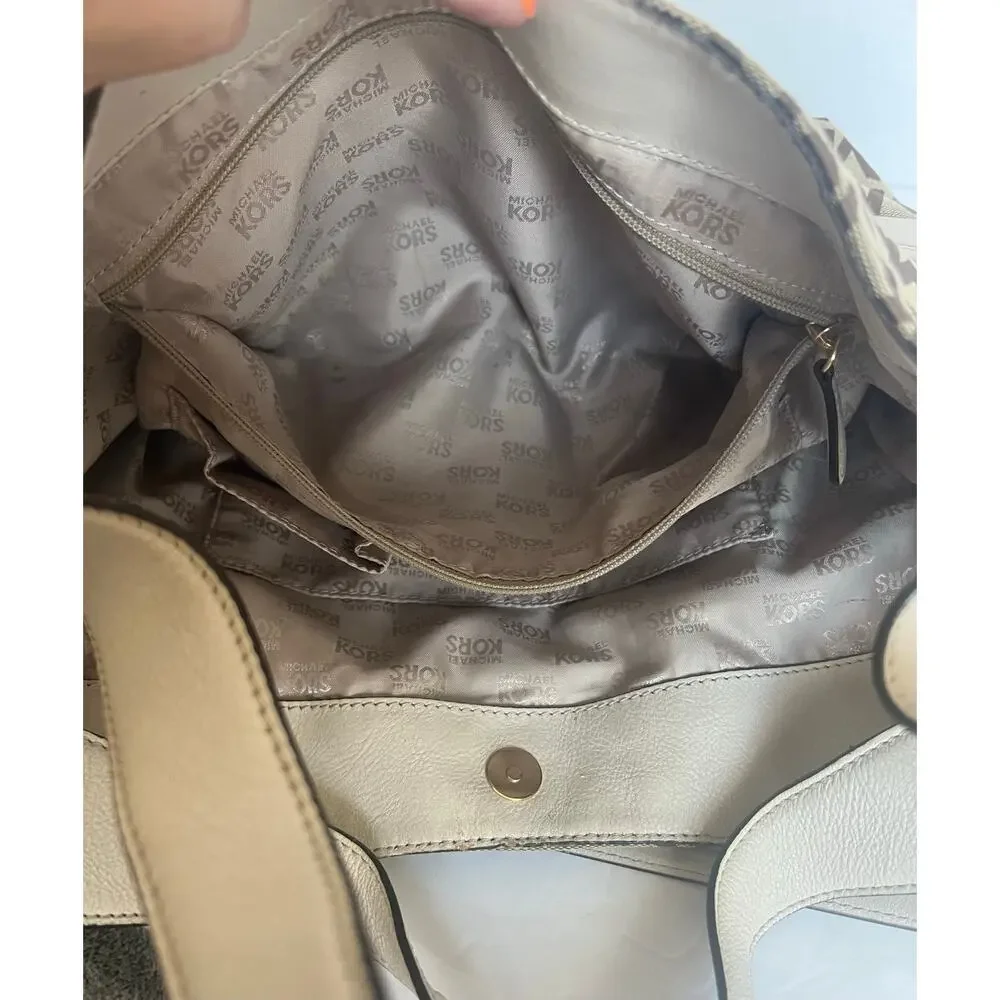 Michael Kors Signature Brown Canvas with‎ White Leather Shoulder/Hand Bag Purse